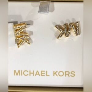 Michael Kors round crystal rhinestone embellished MK logo monogram stud earrings